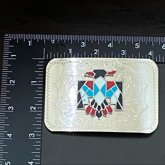 Vintage Nickel Silver Native American Turquoise Inlay Thunderbird Belt Buckle - Picture 4 of 9